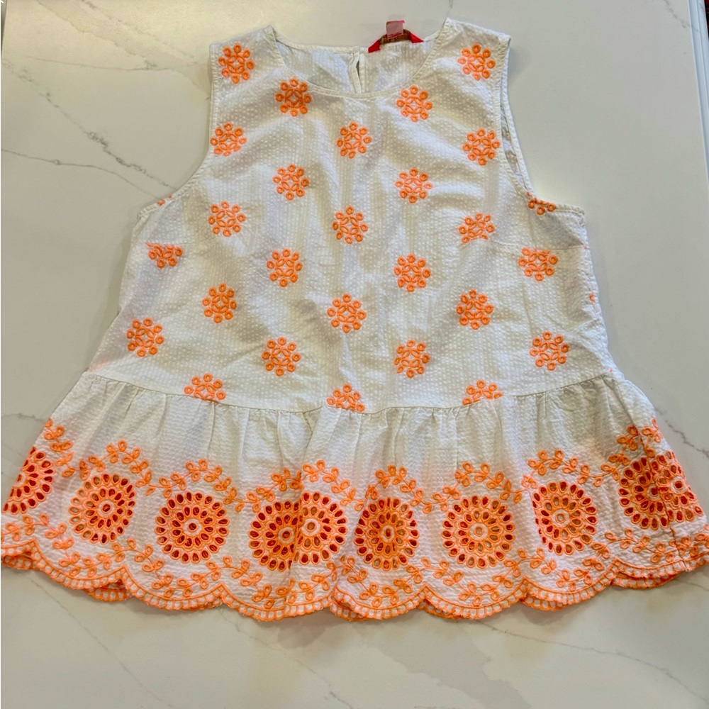 Lilly Pulitzer Seersucker Peplum with Orange Floral Embroidery size L